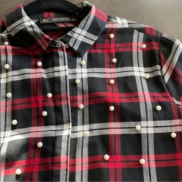ZARA Basic Collection Black and Red White Faux Pearls Plaid Button Down Shirt ❤️ - Picture 8 of 11